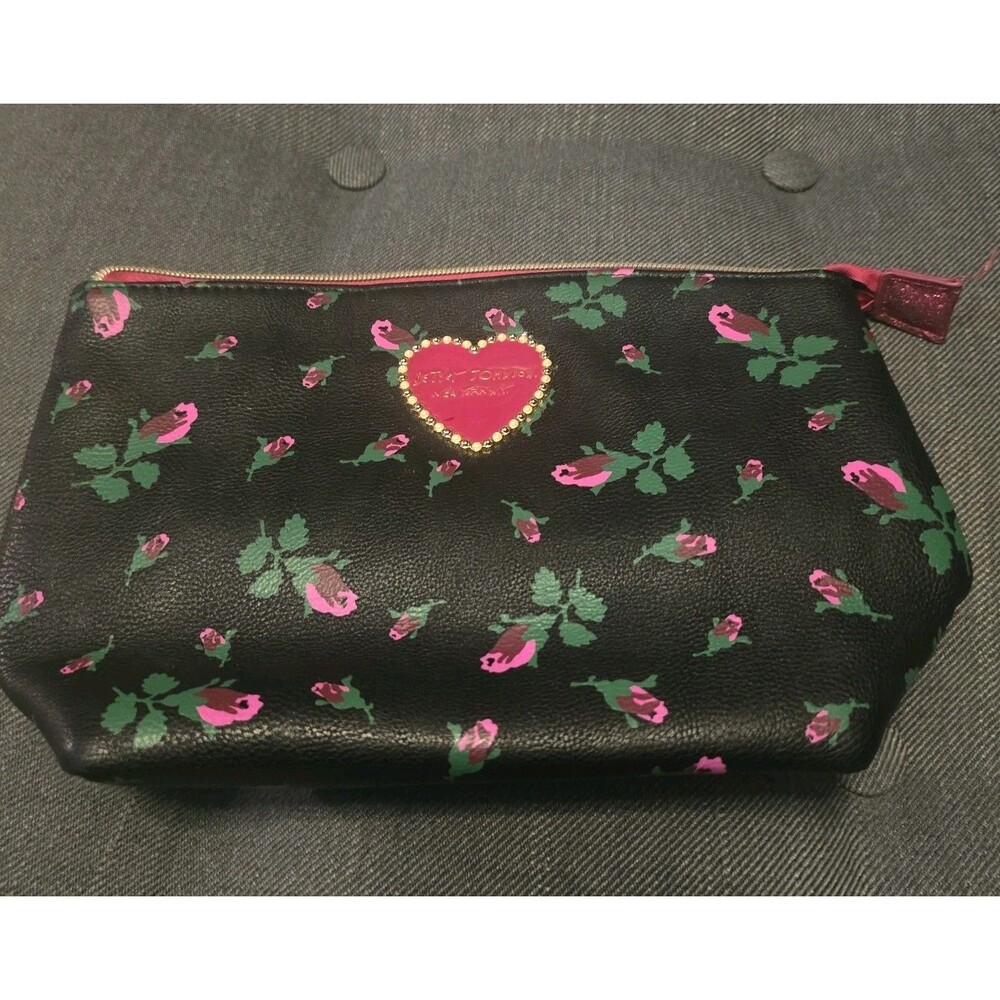 Betsey Johnson Floral Zipper Makeup Bag Heart Logo Black Pink Green